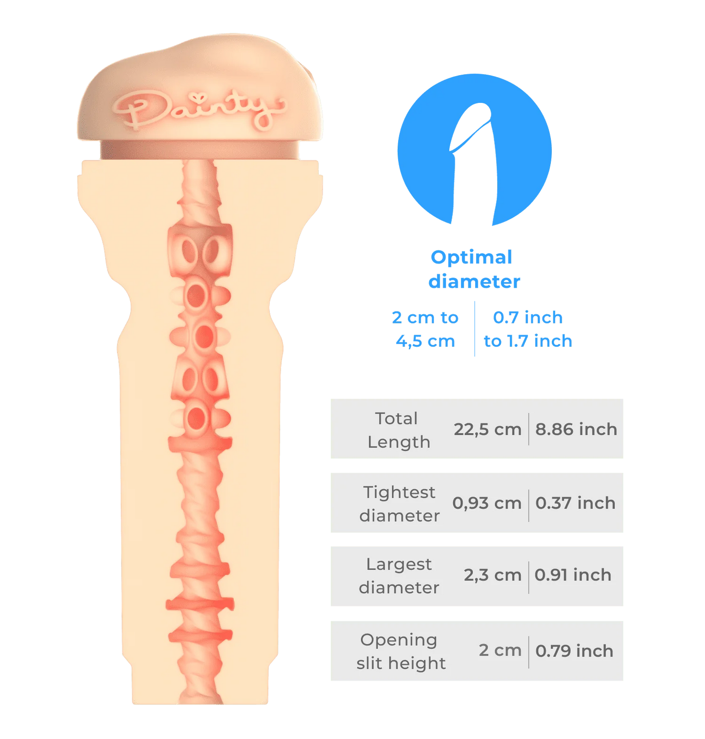 Cross-section of the FeelStars FeelDainty Stroker shown next to measurements of the various parts of the stroker. All measurements are found in the text of the product description. | Kinkly Shop