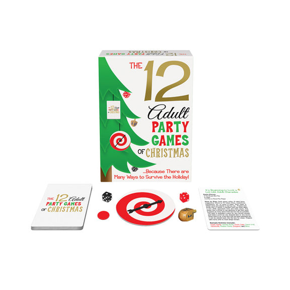 Everything that's included with the The 12 Adult Party Games of Christmas. There's the cards with the games on them, the two dice, the flip token, the spinner, and a dreidel. | Kinkly Shop
