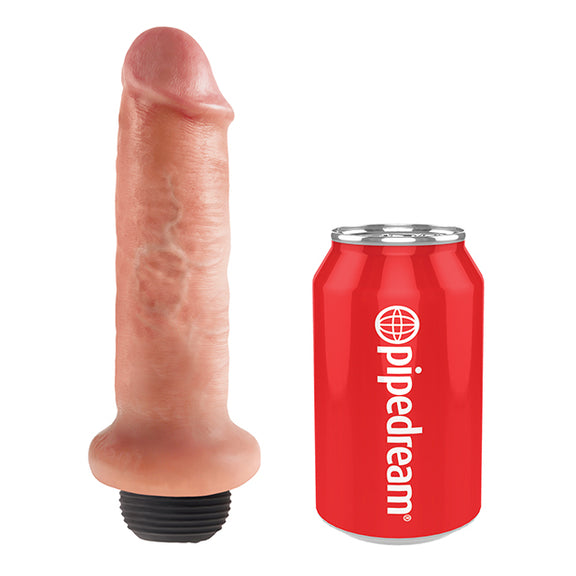 The King Cock 6" Squirting dildo shown next to a soda can to showcase the thickness of the dildo. | Kinkly Shop