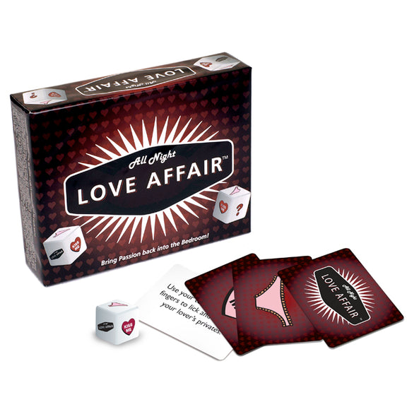 The Love Affair game box with some of the cards and a dice laying in front of the box to showcase what the game pieces look like. | Kinkly Shop