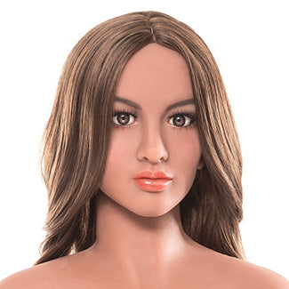 Close-up on the doll's face as it wears a brunette wig. It has brown eyes and thick, kissable lips. | Kinkly Shop