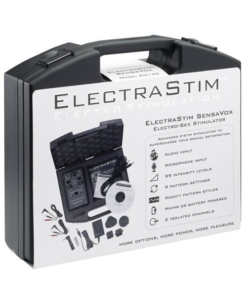 Backside of the ElectraStim SensaVox packaging, showcasing the plastic case with built-in handle that it comes in. | Kinkly