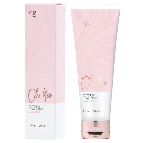 Tube of the CG Oh Yes Clitoral Cooling Serum shown next to the cardboard box that it comes in | Kinkly Shop