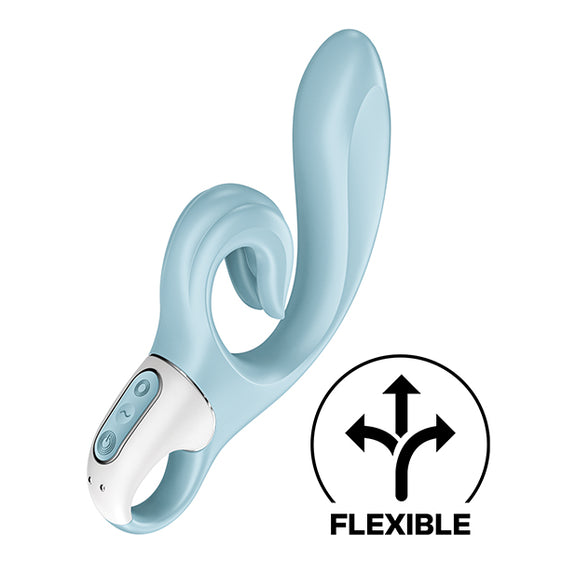 The Satisfyer Love Me in Blue. An icon in the corner states "Flexible" to showcase the flexible design of the toy. | Kinkly Shop