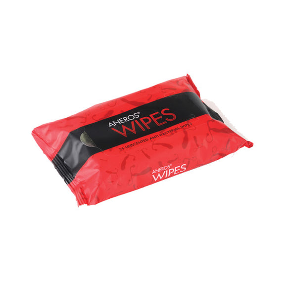 Package of the Aneros Anti-Bacterial Wipes. There are 25 wipes inside of this resealable pouch. | Kinkly Shop