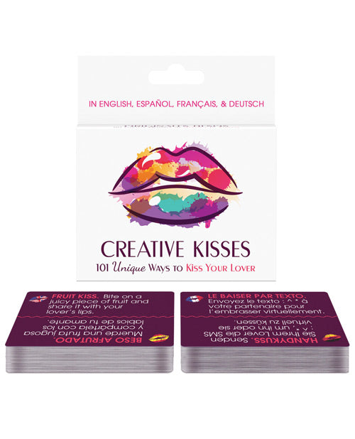 Packaging for the Creative Kisses game shown next to a few example cards | Kinkly Shop