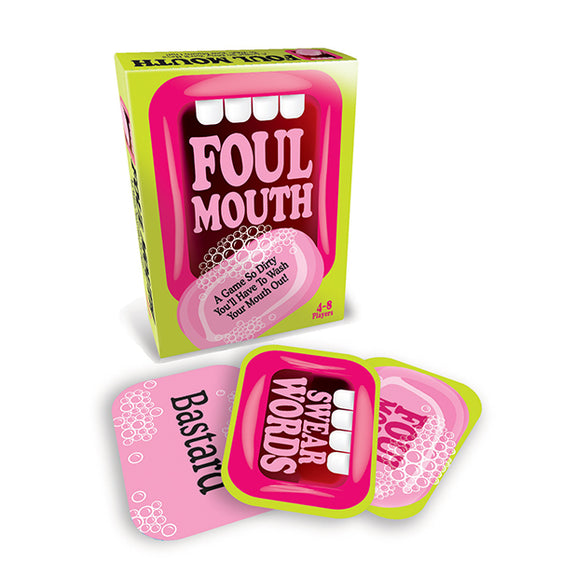 Foul Mouth game box next to a stack of cards that go to the game | Kinkly Shop