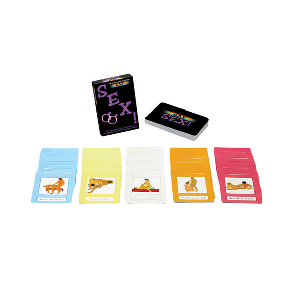 Packaging for the Gay Sex Card Game deck with multiple cards laid out in front of the packaging to show what they look like. | Kinkly Shop