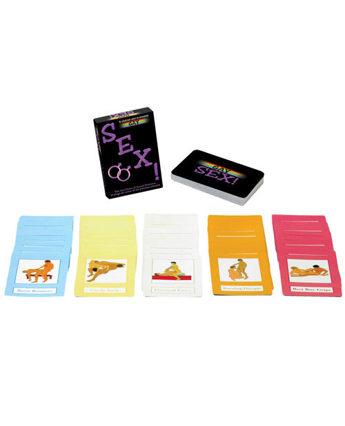 Packaging for the Gay Sex Card Game deck with multiple cards laid out in front of the packaging to show what they look like. | Kinkly Shop