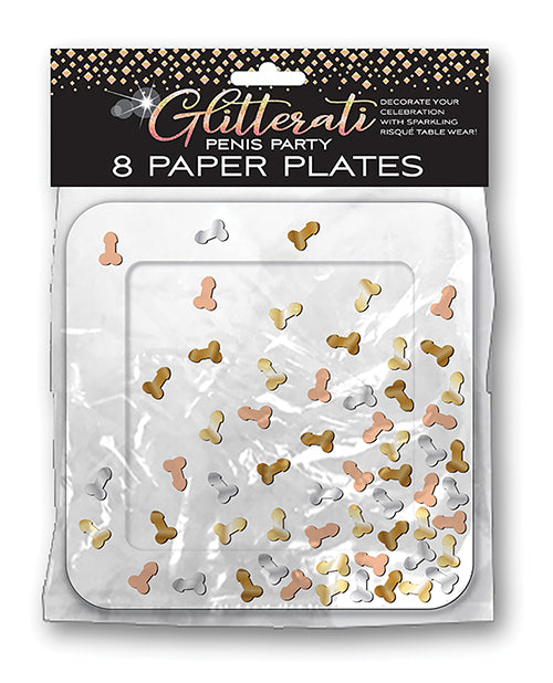 Glitterati Penis Party Plates inside of their packaging. | Kinkly Shop