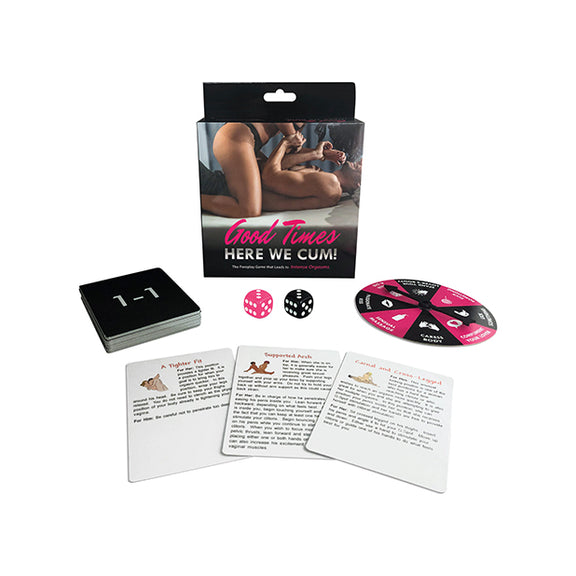 The packaging for the Good Times Here We Cum! with the play items for the game laid out around the board game. There's cards, the die, the spinner, and more. | Kinkly Shop