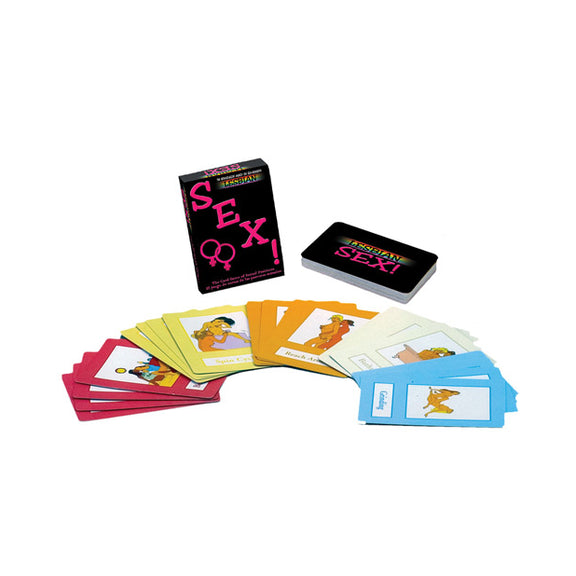 Packaging for the Lesbian Sex (Bilingual) with some of the cards spread out in front of it. The cards have illustrations and are in different colors. | Kinkly Shop