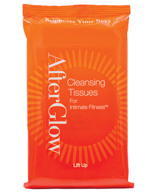 The resealable bag of 12 Afterglow Cleansing Tissues - Pack of 20. It's one packet with an adhesive-front panel that allows you to reseal the bag. | Kinkly Shop