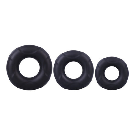 The three In A Bag Cock Ring Set lined up by size in front of a plain white background | Kinkly Shop