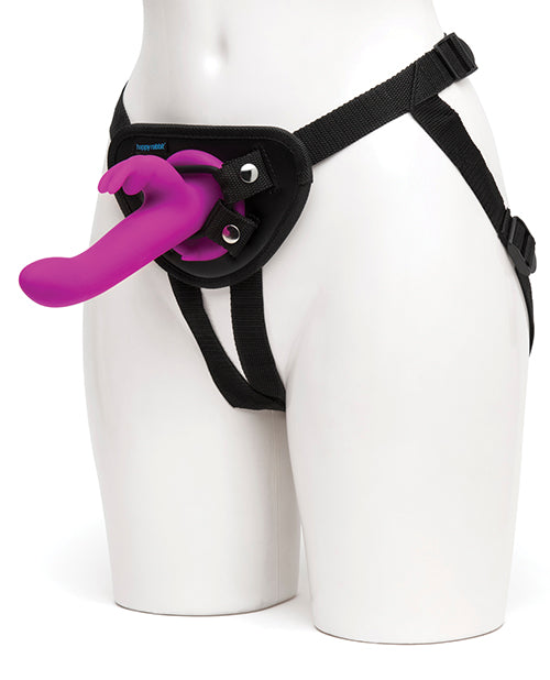 A person wears the included strap-on harness with the rabbit vibrator strapped into it from the Happy Rabbit Strap On Harness Set | Kinkly Shop