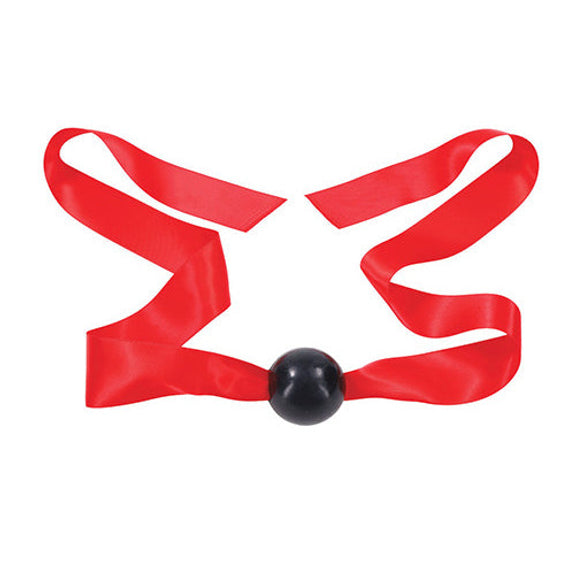 The Sportsheets Amor Satin Ball Gag up against a plain white background. The ribbon is splayed out with the black ball gag in the middle of the ribbon. | Kinkly Shop