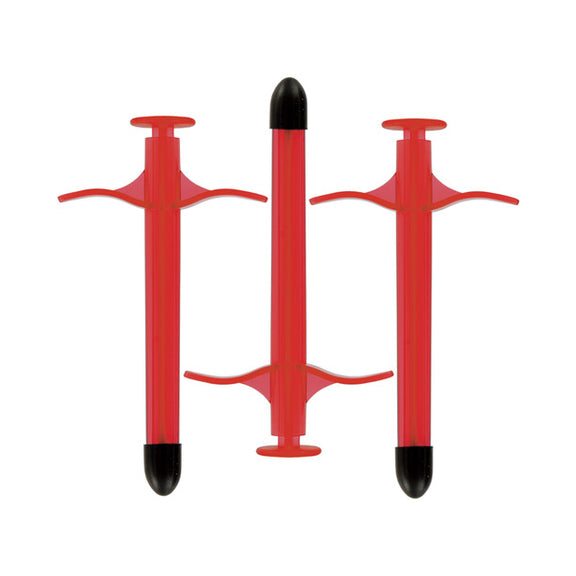 Three red Kinklab Lube Shooters in front of a plain white background. They're a vibrant, fire engine red. | Kinkly Shop