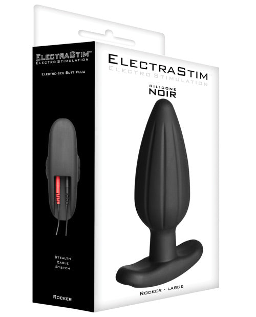 The packaging for the Electrastim Noir Rocker Plug in Large | Kinkly