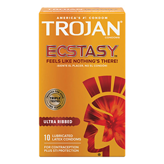Packaging for the 10 pack of Trojan Ecstasy Ultra Ribbed | Kinkly Shop