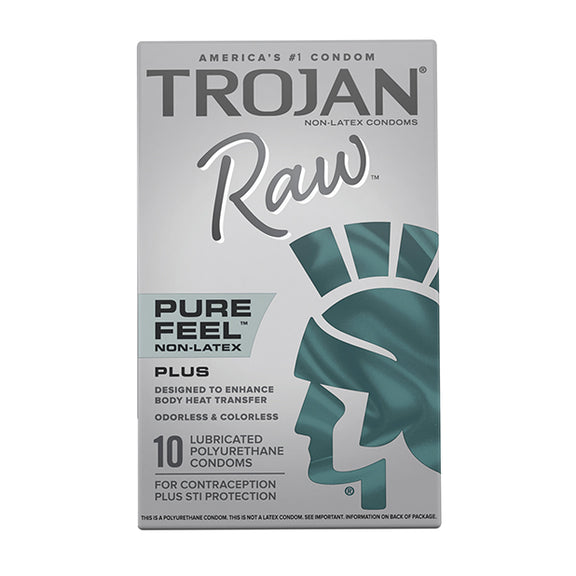 Packaging for the 10 pack of the Trojan Raw Pure Feel Non-Latex Condoms | Kinkly Shop