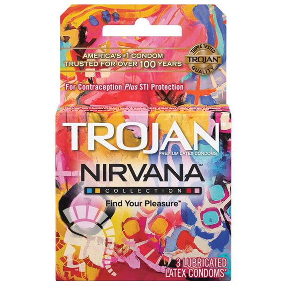 3 pack of the Trojan Nirvana condom packaging | Kinkly