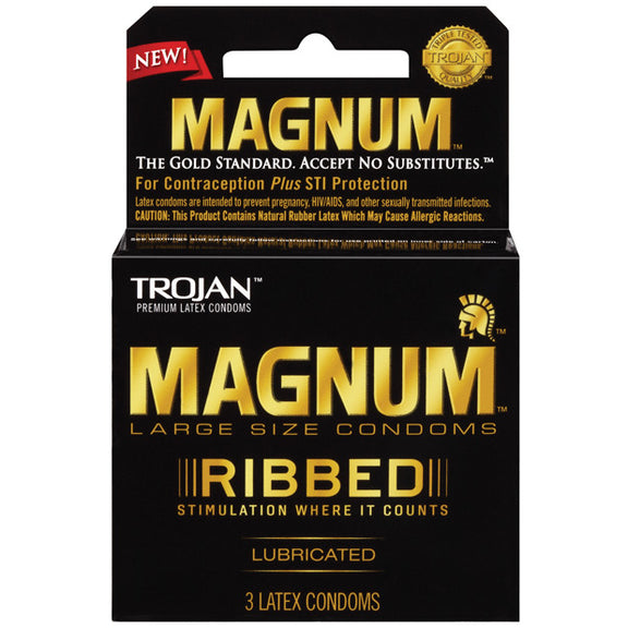 Packaging for the 3 pack of the Trojan Magnum Ribbed | Kinkly Shop