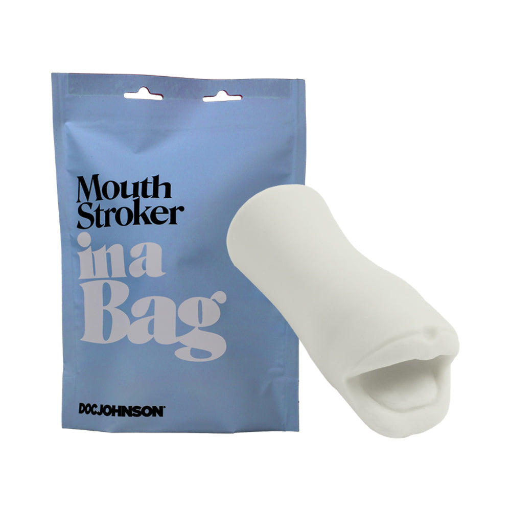 The Doc Johnson Mouth Stroker In A Bag packaging shown next to the stroker that comes in the packaging | Kinkly