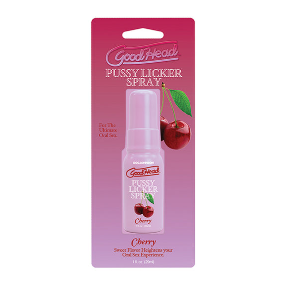 The packaging for the GoodHead Pussy Licker Spray in Cherry | Kinkly