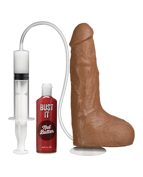 Bust It Squirting in Caramel shown next to the syringe, tubing, and Nut Butter cum lube it comes with. | Kinkly