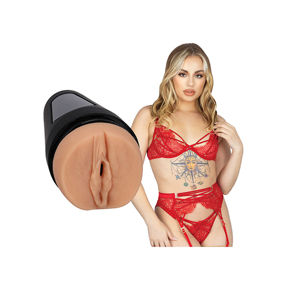 Anna Claire Clouds in red lingerie next to the Main Squeeze - Anna Claire Clouds stroker. | Kinkly