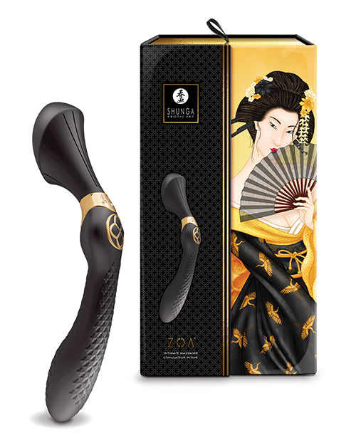 The Shunga Zoa shown in black next to the packaging it comes in | Kinkly Shop