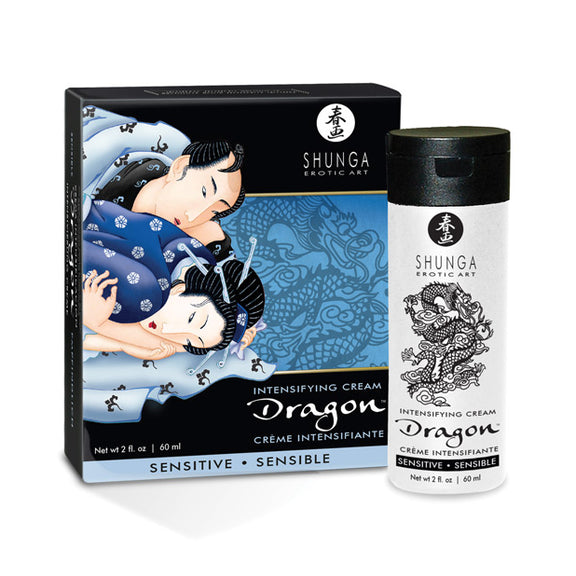 The Shunga Dragon Cream in Sensitive sitting out in front of the box it comes in | Kinkly Shop