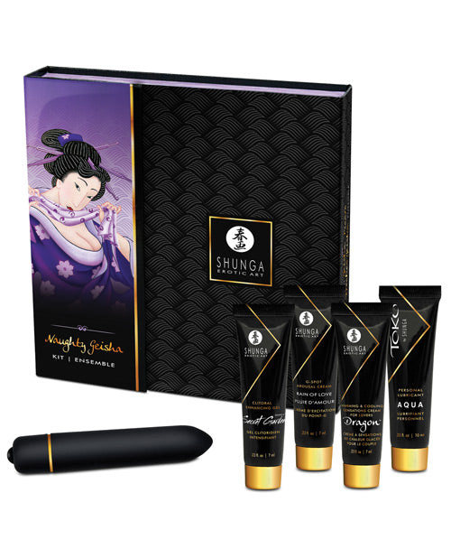All of the items within the Shunga Naughty Geisha Collection shown in front of the packaging box it comes in | Kinkly Shop
