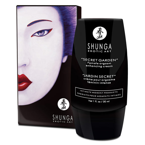 The Shunga Secret Garden bottle shown in front of the packaging it comes in | Kinkly Shop