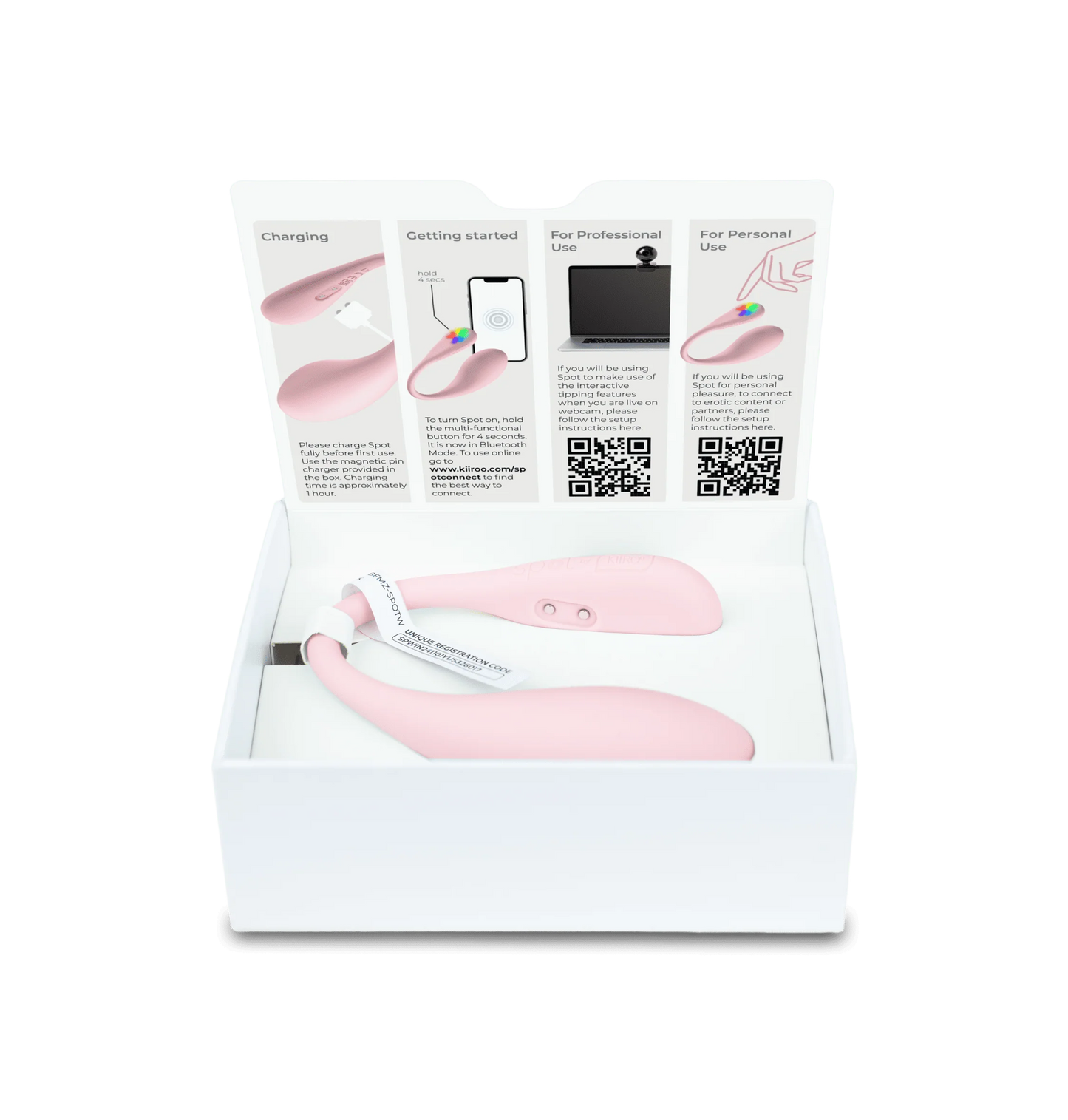 The KIIROO Spot resting inside of its packaging. It has a small, cut-out tray inside of the box. | Kinkly Shop