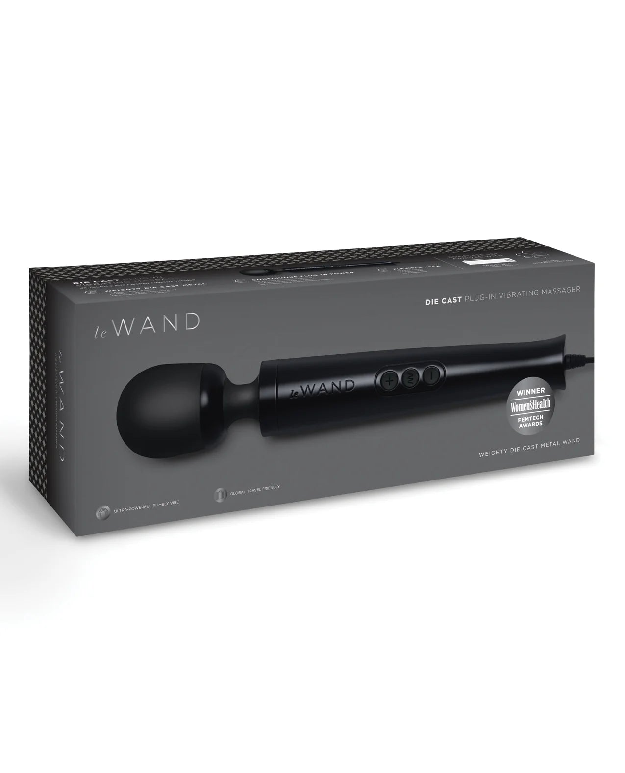 The Le Wand Die Cast Plug-In Massager in Black packaging | Kinkly