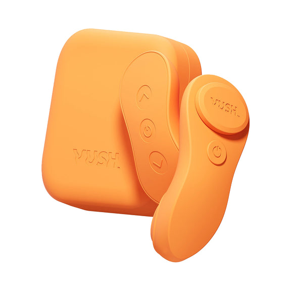 The VUSH Luna and its remote shown in front of the color-matching storage and charging case that it comes with. | Kinkly