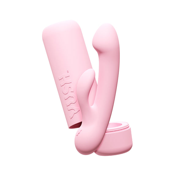 The VUSH Glow vibrator shown in front of its travel-friendly discreet case. | Kinkly