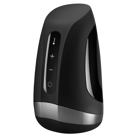 The Satisfyer Men Heat Vibration in front of a plain white background. The toy has 4 buttons on a sleek panel along the front of the toy. | Kinkly Shop