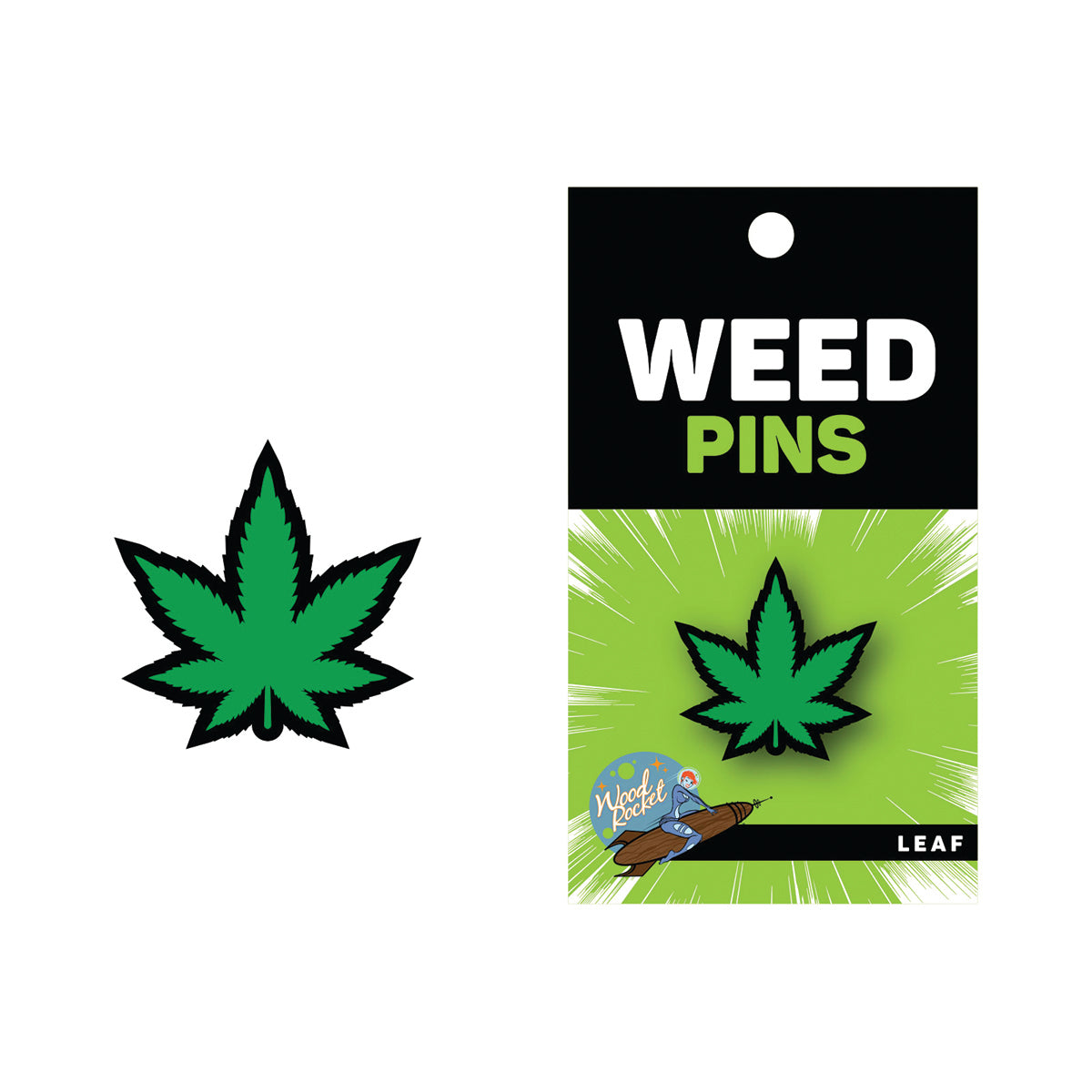 The Wood Rocket Marijuana Leaf Pin shown next to the packaging that it comes in | Kinkly