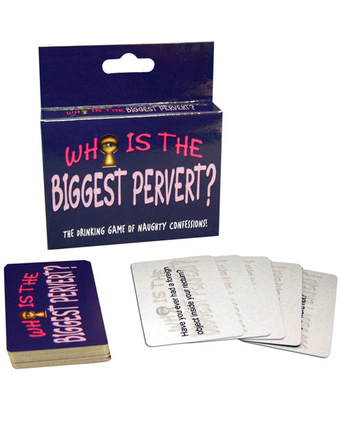 The packaging for the Who is the Biggest Pervert? shown next to the deck of cards that comes inside of the game | Kinkly