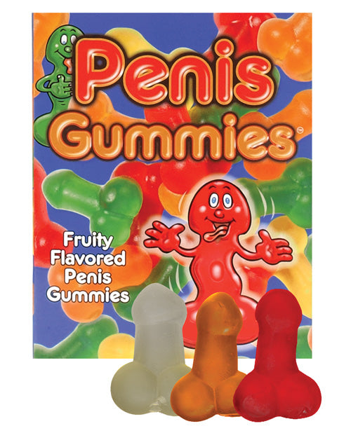 Packaging for the Penis Gummies with some of the gummies shown in front of the packaging | Kinkly