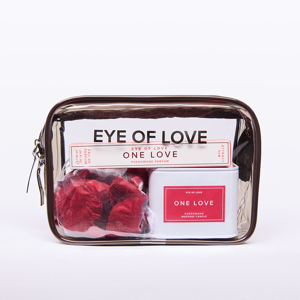 Everything included with the One Love Attract Him Gift Set shown all packaged up, how it arrives when you get it. | Kinkly