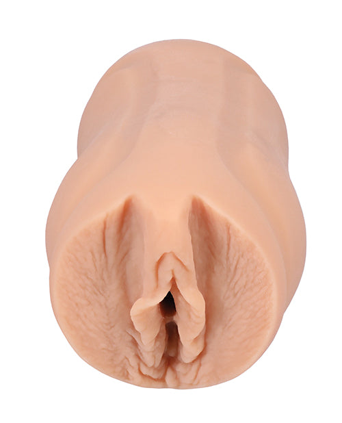 Close-up of the orifice and entrance of the Signature Strokers - Chantal Danielle stroker. The stroker is molded directly from the porn star's vulva. | Kinkly Shop