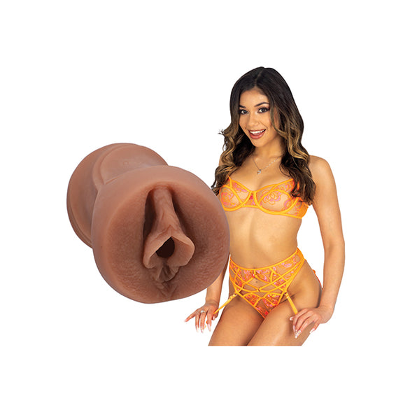 The porn star is staring at the camera while wearing lingerie. The Signature Strokers - Xxlayna Marie stroker is shown next to the porn star. | Kinkly Shop