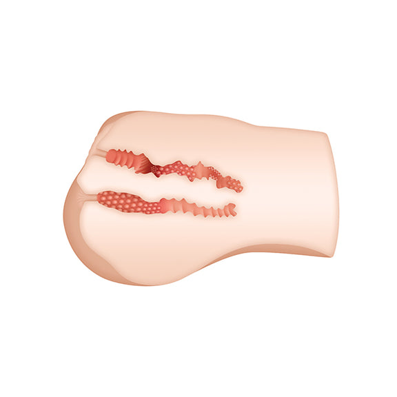 Cross-section of the Zero Tolerance Riley Reid Body Stroker showcases the two separate internal channels the stroker has. There's a vaginal tunnel and an anal one. They are close-ended without drainage holes for better suction. | Kinkly Shop