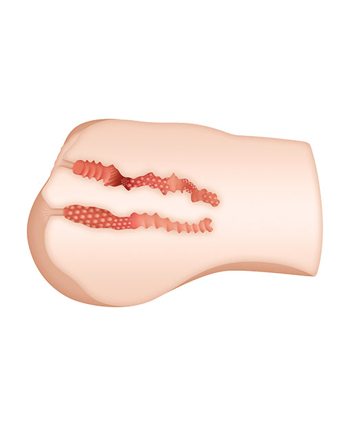Cross-section of the Zero Tolerance Riley Reid Body Stroker showcases the two separate internal channels the stroker has. There's a vaginal tunnel and an anal one. They are close-ended without drainage holes for better suction. | Kinkly Shop