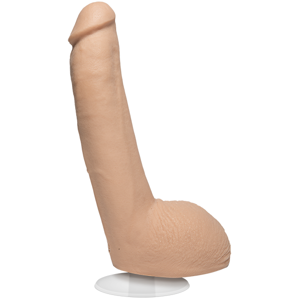 The Signature Cocks - Xander Corvus dildo with the Vac-U-Lock suction cup attachment base shoved in the base of the dildo. | Kinkly Shop