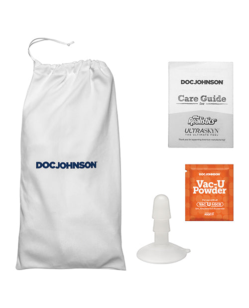 Everything that's included with the Signature Cocks - Lulu Of Leolulu dildo. There's the drawstring storage bag, the care guide, a sample of renewal powder, and the Vac-U-Lock attachment base. | Kinkly Shop