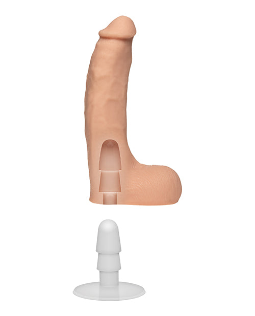 The cross-section of the Signature Cocks - Chad White dildo, showcasing the Vac-U-Lock hole within the dildo that can work with Vac-U-Lock accessories. | Kinkly Shop